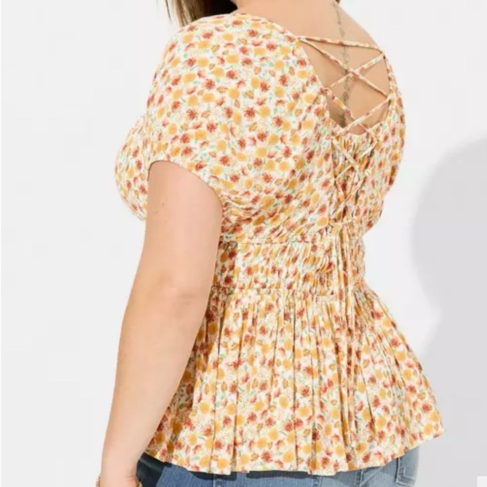 Torrid Floral Smocked Lace Up Back Babydoll Peplum Top Plus Size 2 / 2X